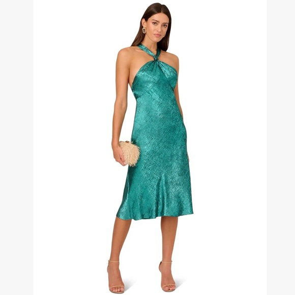 LIV FOSTER JADE Foil Chiffon Metallic Teal Halter Knotted Back Dress Size 2 NWT - Picture 1 of 16